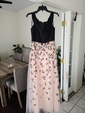 Black V-Neck Bodice Blush Floral Sequin Tulle Gown